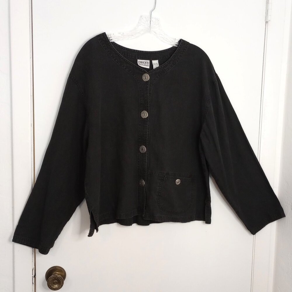 Chico's Design Black Linen Blend Accent Button Jacket